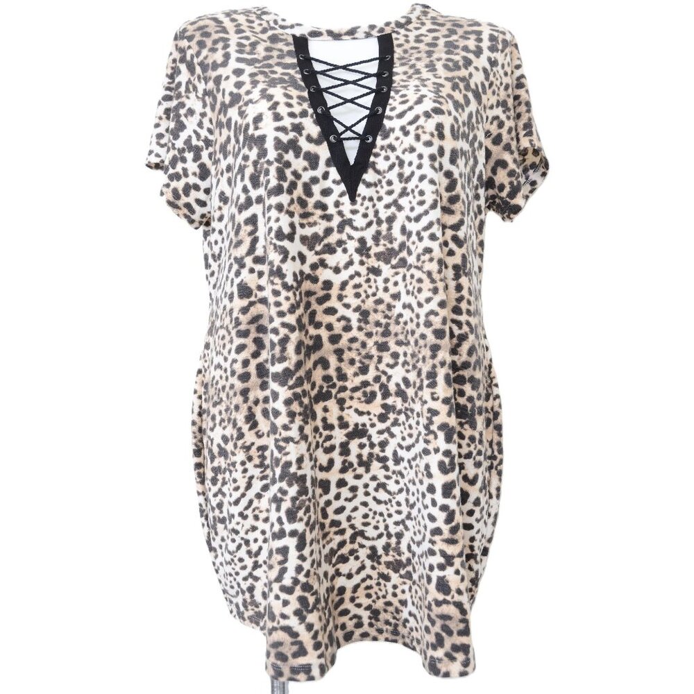 Ultra Flirt PLUS 3X Leopard Print Tunic Dress Lace Front Short Sleeve Safari
